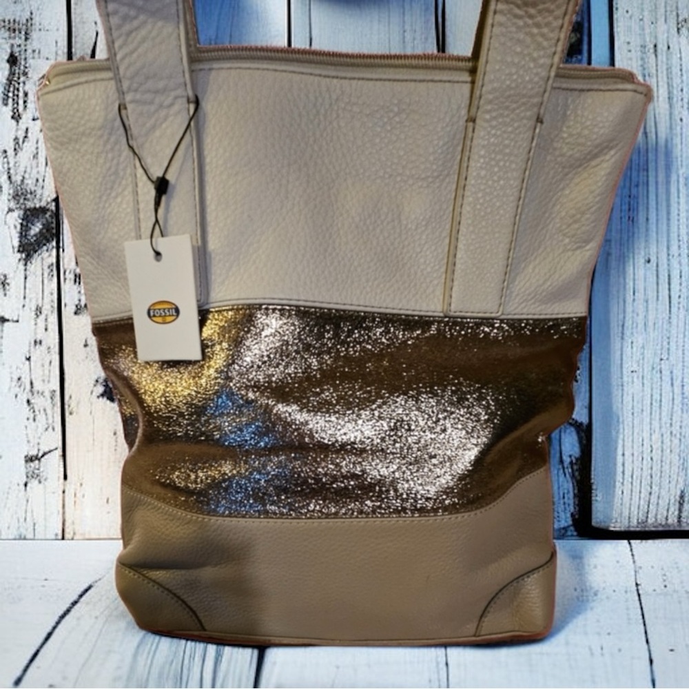 NWT Fossil Cream Metallic Gold Taupe Stripes Leather Large Shoulder Bag - Picture 5 of 7